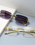 Metal Rimless Sunglasses with Cheetah Decor Retro Panther Head